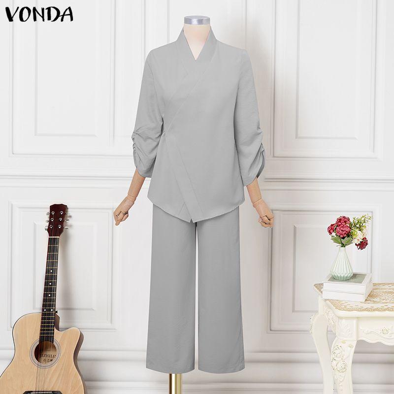 VONDA 2PCS Women Sets Casual Long Sleeve Side Close Blouse and Pants Two Piece Suit
