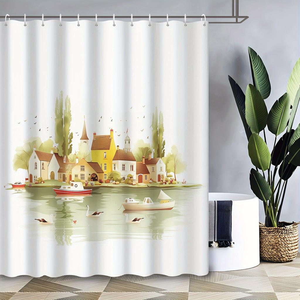 Fairy Tale Village Shower Curtain - Pastoral Life Design, Polyester, 12 Hooks, Bath & Wall Decor