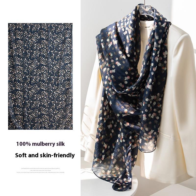 100% mulberry silk long  high-grade navy blue small floral silk scarf shawl sunscreen