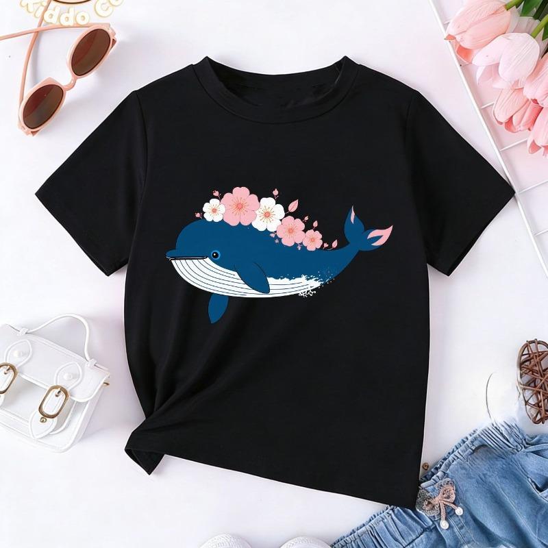 Children Crew Neck Short Sleeve T-Shirt with Cartoon Whale & Floral Print