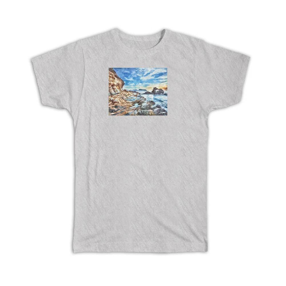 Gift T-Shirt : Watercolor Scenary Sea Rocks 2XL