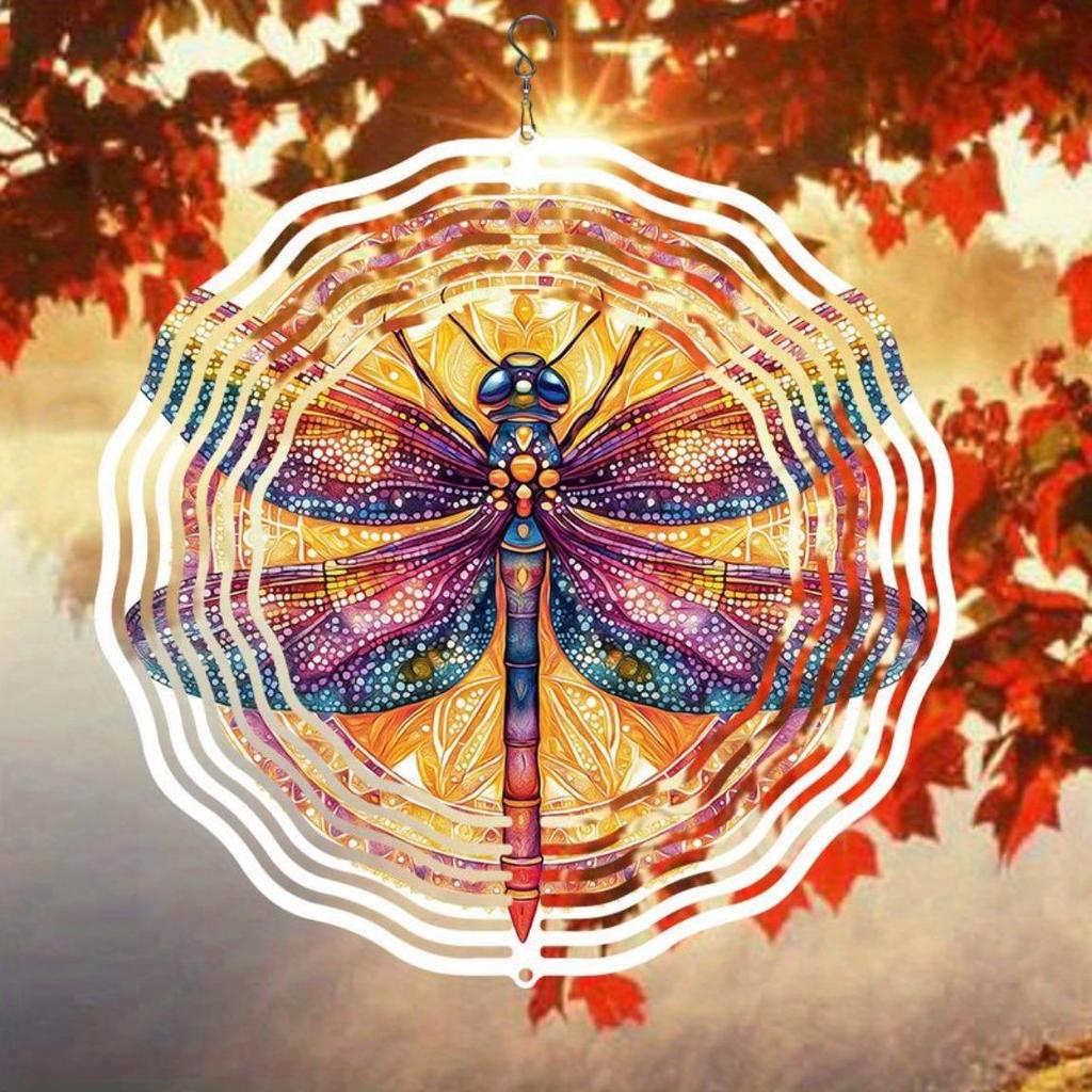 Kovová větrná rolnička s rotujícím větrníkem, venkovní závěsná dekorace s barevným motivem vážek, zahradní dynamické umělecké řemeslo pro Halloween