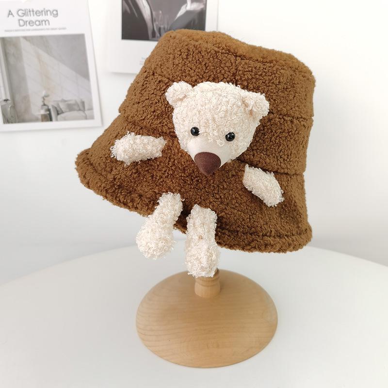 Cute Plush Bear Doll Fisherman Hat Women Autumn and Winter Korean Version Warm Lamb Fur Pot Hat Japanese Bucket Hat