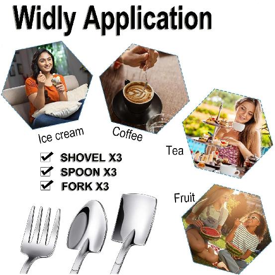 9 Pcs Silver Mini Shovel Spoons and Fork Set for Desserts Include 3 Shovel Shape 3 Pointed 3 Stainless Steel Fork Ice Cream Spoons for Home Party