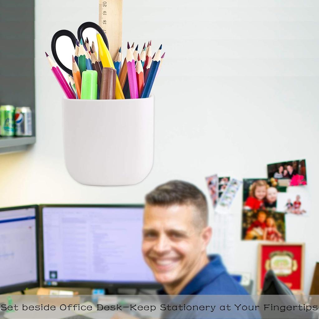 Pencil Holder - Self-Adhesive Wall Mount Pen Cup,Marker Pot,Writing Utensil Storage Organizer for Fridge,Locker,Whiteboard,home and office - White -