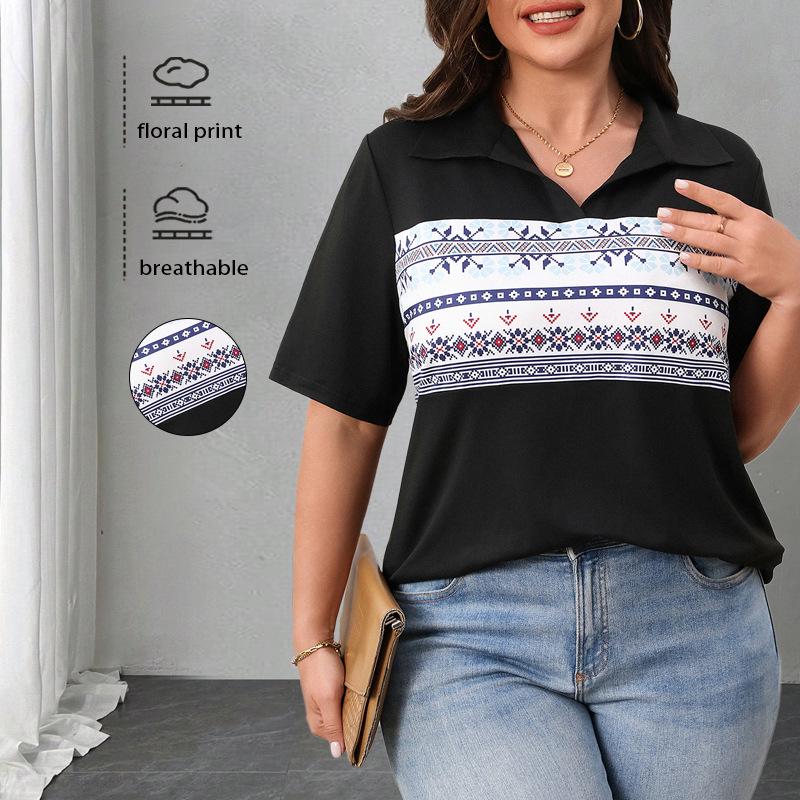 

European and American Women s Summer Casual Lapel Printed Polo T-shirt 2XL чёрный