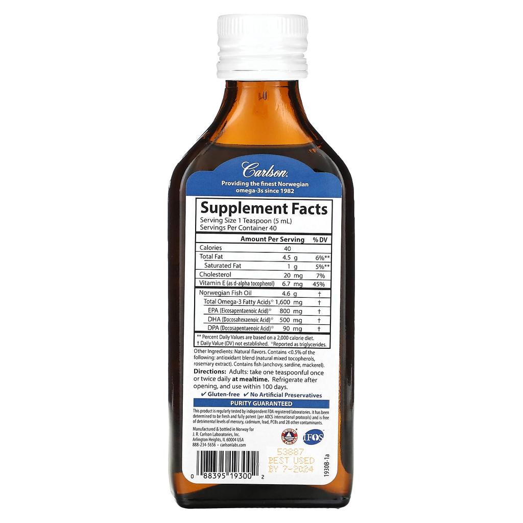 Carlson, norweski, premium olej rybny, naturalny smak mieszanych jagód, 1600 mg, 6,7 fl oz (200 ml)
