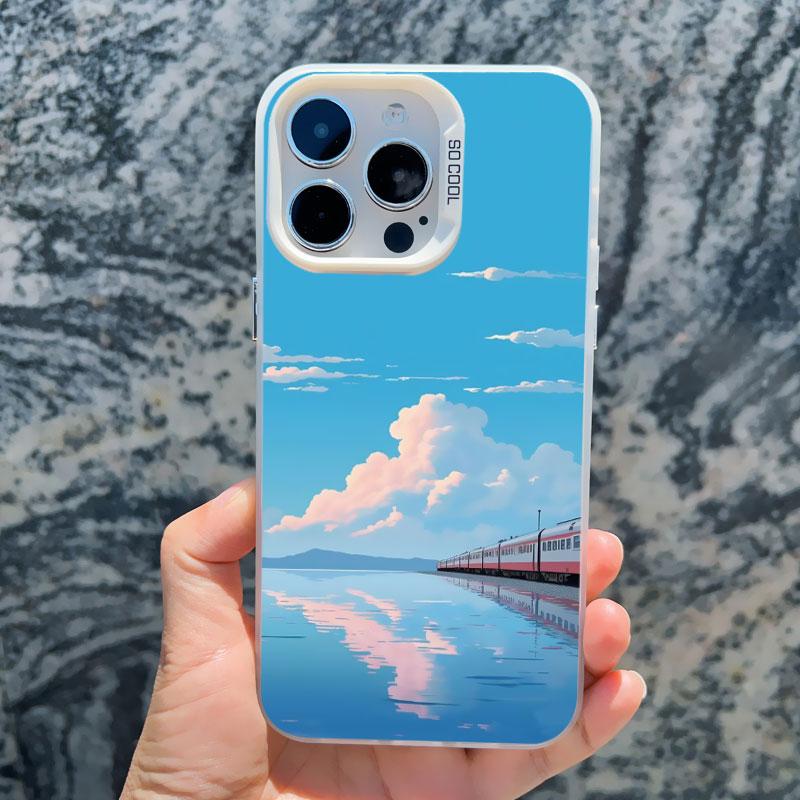 Sea Blue Sky Beach Rail Car Laser Phone Case For iPhone 16 11 12 13 Pro Max Mini 15 14 Pro Max Plus Shockproof Back Cover Fundas