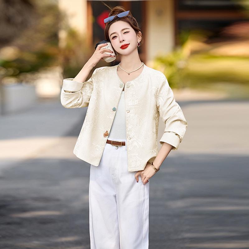 Spring 2025 Women's Embroidered Round Neck Jacket - High-End Chinese National Style, YE6351