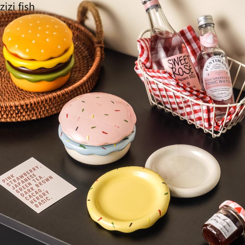 Cute Burger Ceramic Plate Set Dipping Dish Seasoning Dish Snack Bowl Dessert Plate Dim Sum Dish Sauce Dishes Tasting Plates Tray