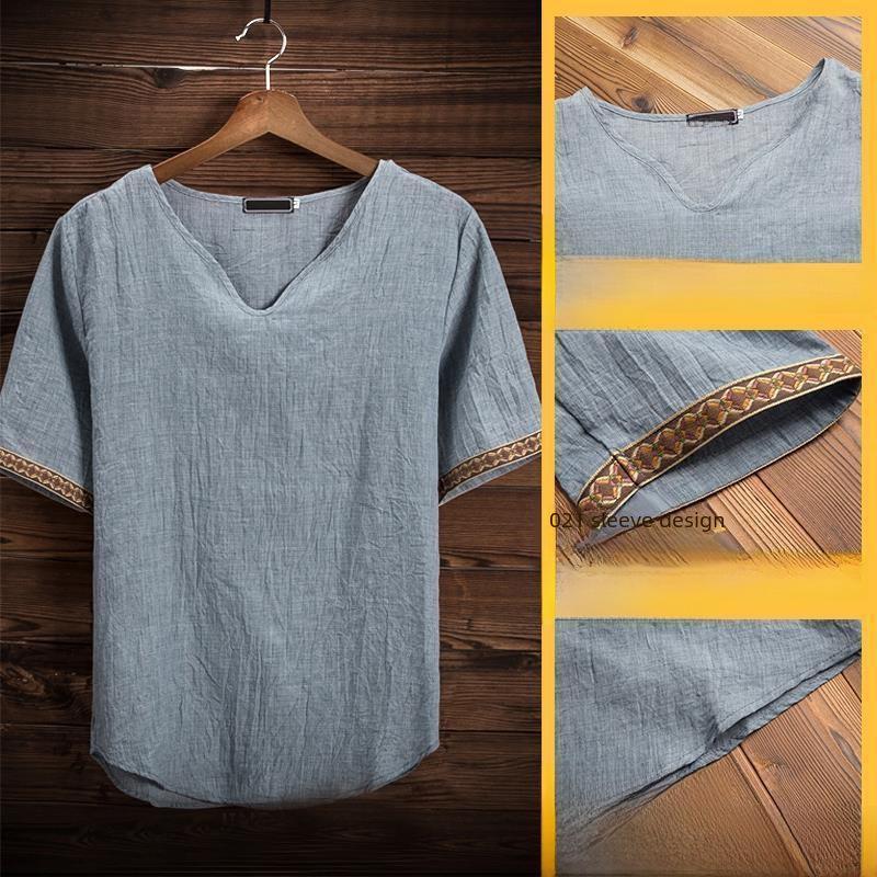 Herr Sommar Koreansk V-ringad Kortärmad Bomull Linne T-shirt - Andningsbar, Allsidig, Trendig Halvärm för Större Storlekar