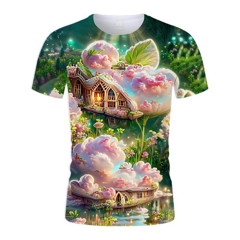 Summer New Rose Castle Colors Beautiful Personality Youth Trend 3D Digital Printing Round Neck Shirt Short Sleeve T-shirt