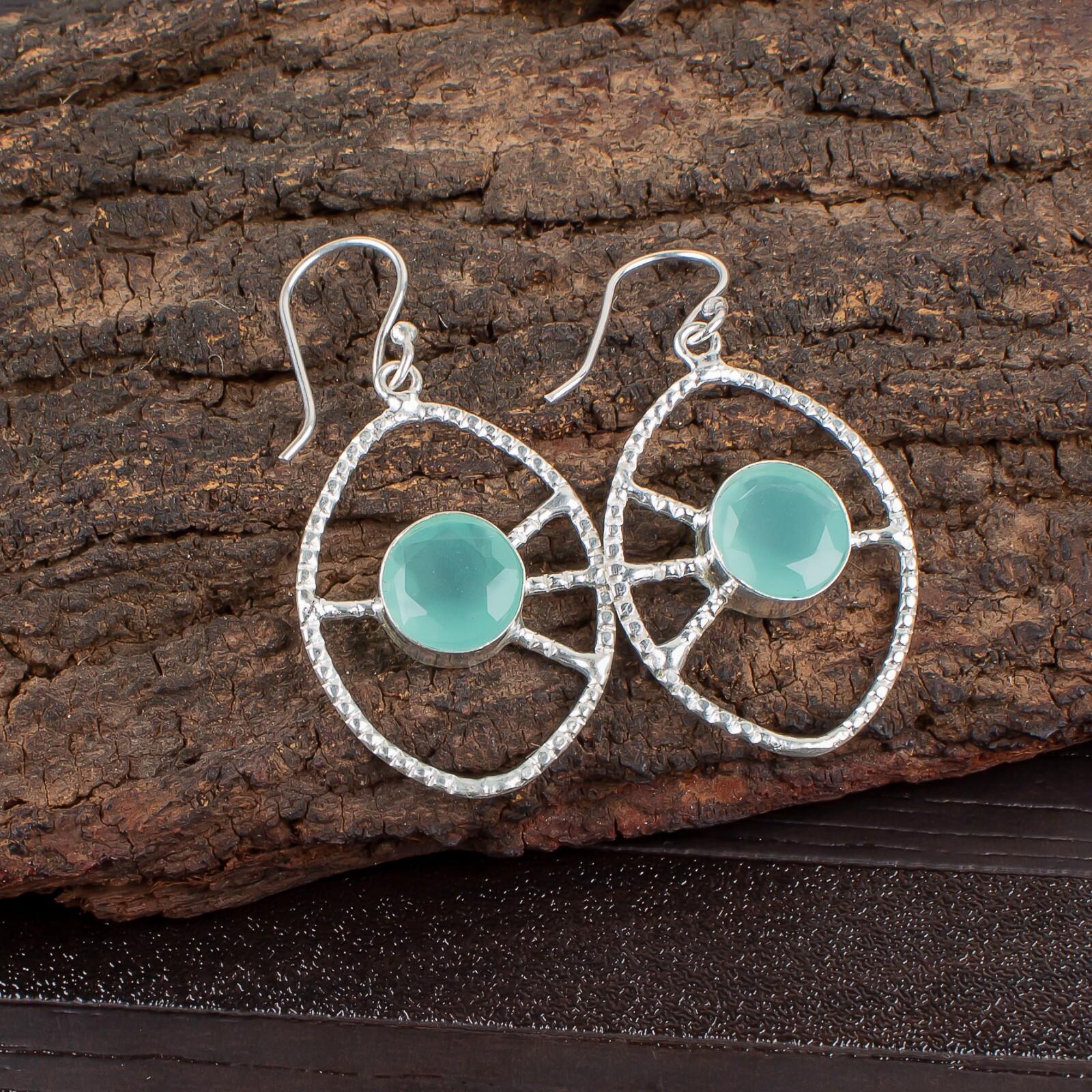 

Aqua Chalcedony Gemstone 925 Sterling Silver Jewelry Handmade Earrings 2.00 EE-52-16