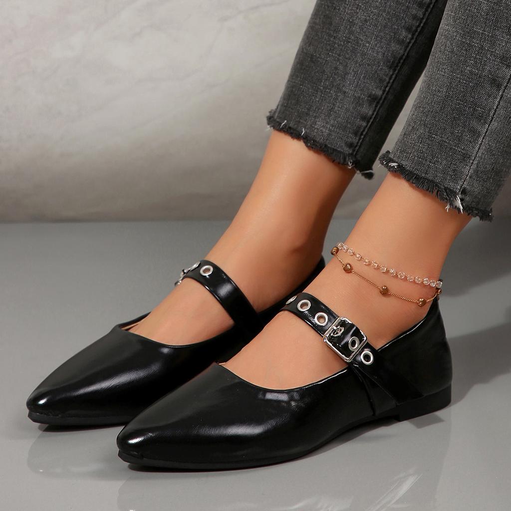 Foreign Trade Large Size Flat-bottomed Small Leather Shoes Women's 2025 New British Style Pointed Head Glossy Belt Buckle Fashion Shoes