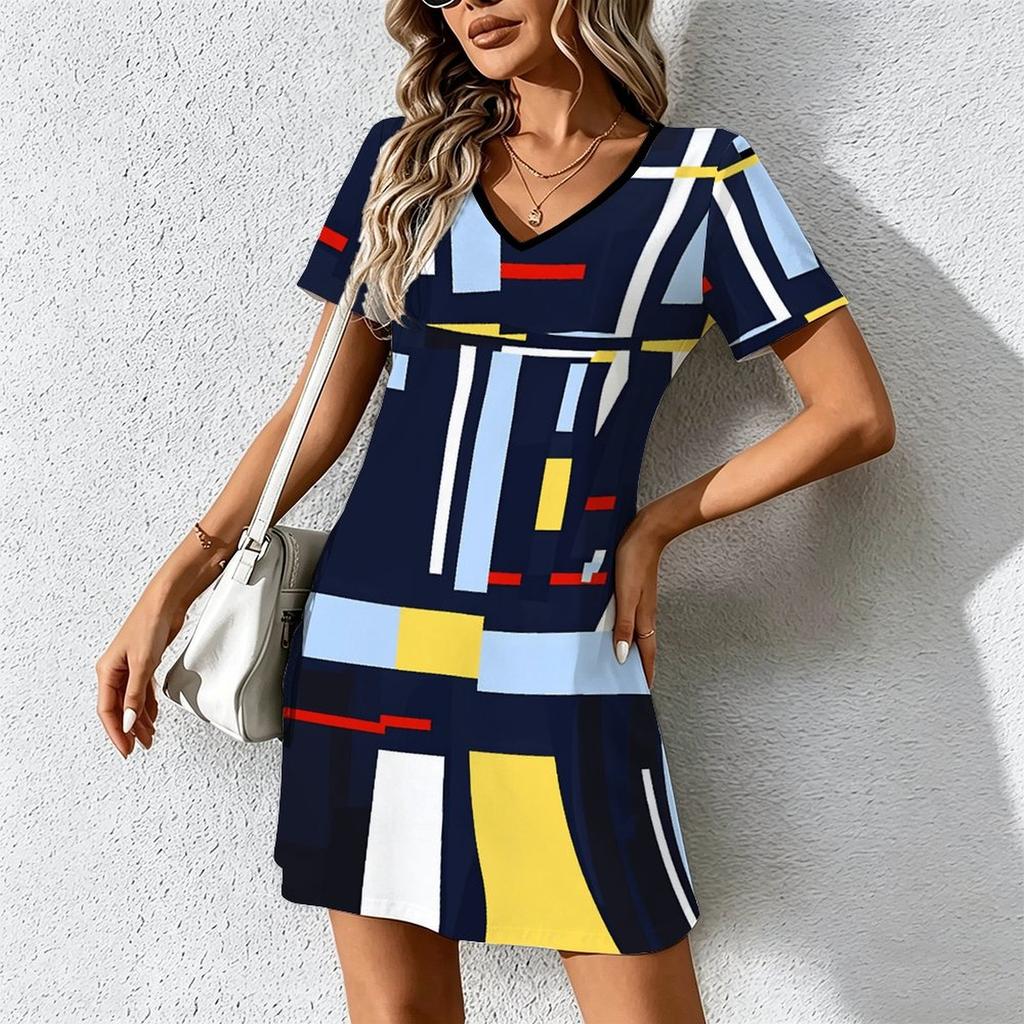 Summer Fashion Women's V Neck Short Sleeve Geometric Lines Pattern Printed Dress Sex Short Skirt Dresses