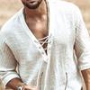 V-Neck Solid Color Men Shirt Lightweight Front Lace Up Half Sleeve T-shirt Male Clothing