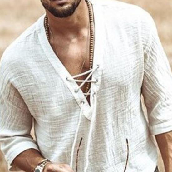 V-Neck Solid Color Men Shirt Lightweight Front Lace Up Half Sleeve T-shirt Male Clothing