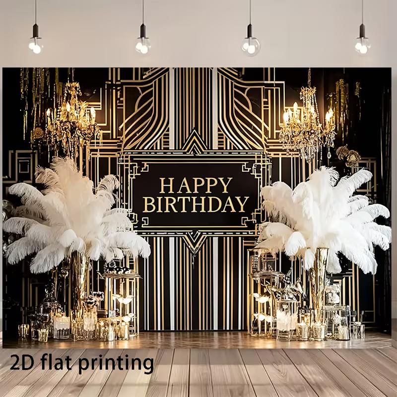 

2D Printing Art Deco Happy Birthday Backdrop, Black Gold Gatsby Party Decor 47.2x31.5inch/120*80cm