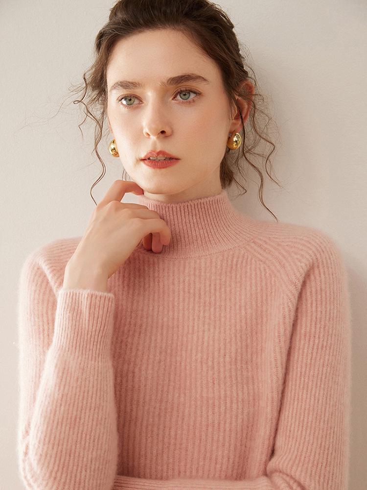 2024 Women's Autumn/Winter High Neck Seven-Needle Ribbed Cashmere Raglan Sweater
