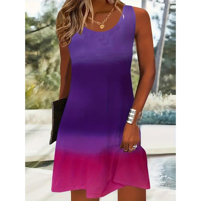 Casual Blue Gradient Dress Women Sleeveless Soft Sundress Minimalist Summer Daily Wear Clothing Fashion Female Women Clothing