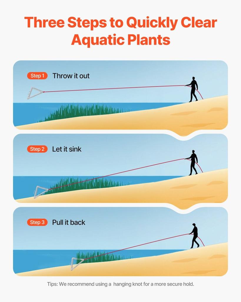 24in Aquatic Weed Rake 3-Sided Foldable Lake Weed Rake Handle 30ft Rope