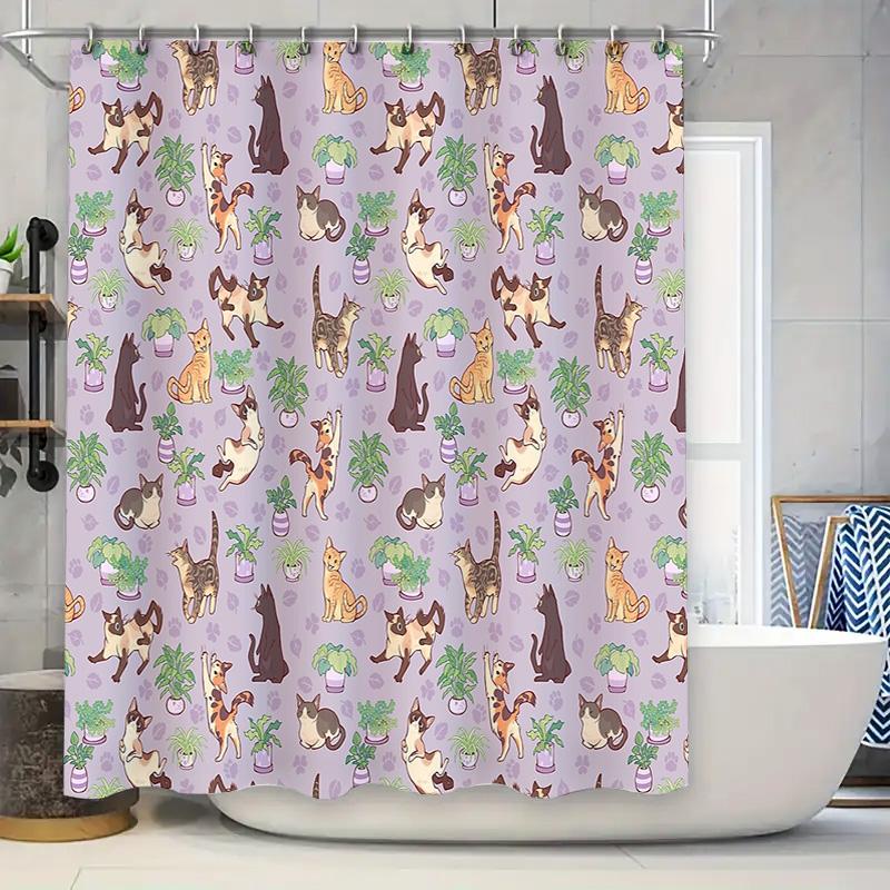 Cute Cat Plant Pattern Shower Curtain Woodland Forest Animal Bathroom Decor Washable Waterproof Home Textile