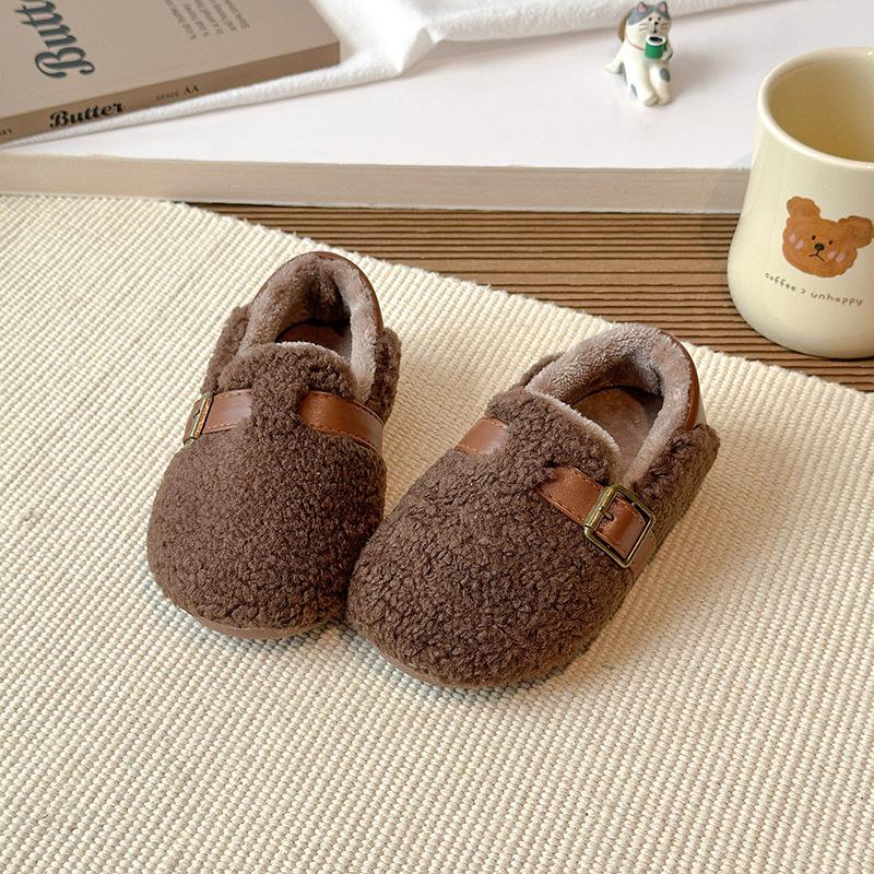 Children's woolen curly girls' cotton shoes, new autumn and winter solid color outdoor wear, warm shoes for small, medium, and large children