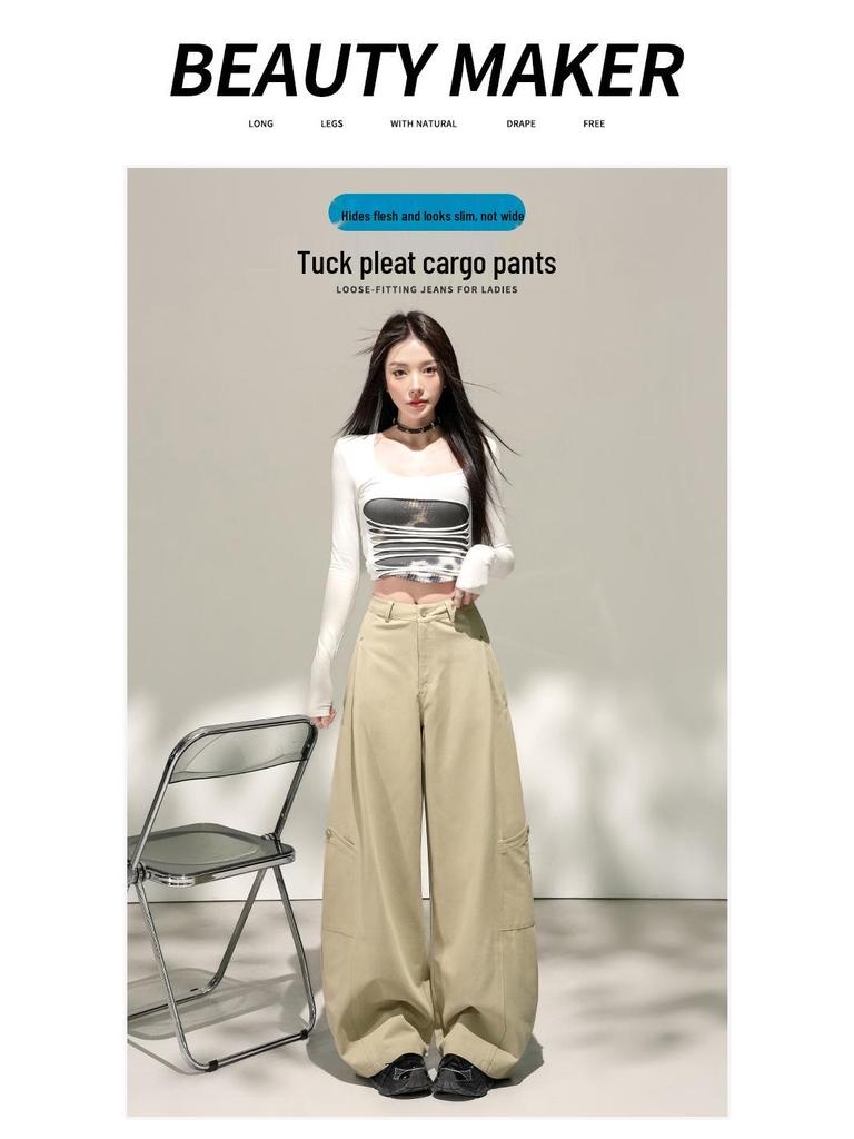2026 Spring Women's High-Waisted Slimming Cargo Trousers - Loose Wide-Leg Style