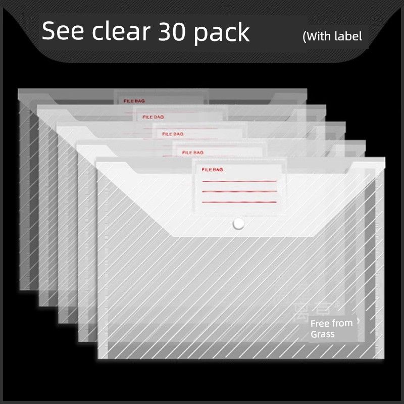 Waterproof Snap Paper Classification Buggy Bag Business Office Supplies Student File Information Bag Subject Bag Label Style Subject Bag Folder [Thickened] White Transparent with Label/30 Pieces