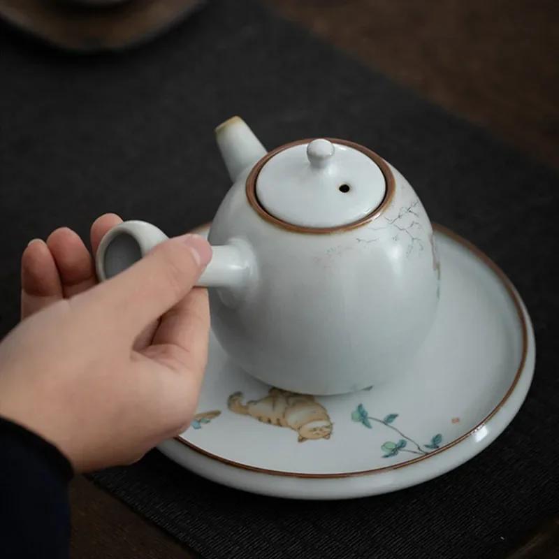 230ml Chinese Ru Kiln Side Handle Teapots Handmade Cute Cat Pattern Ceramic Kettle Travel Portable Filter Tea Pot Home Tea Set