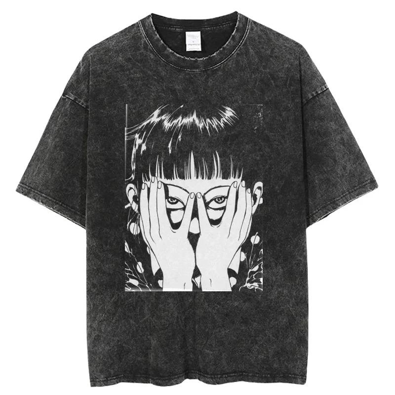 

Junji Ito Tomie Face Split Vintage Washed Oversized T-Shirt | Unisex Horror Manga Streetwear Tee S
