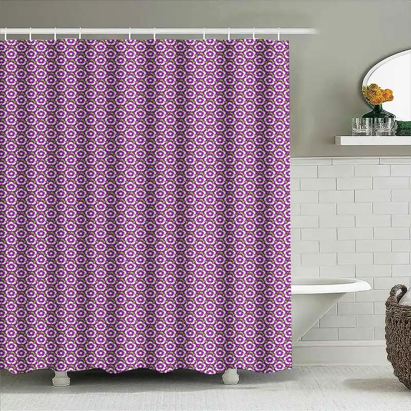 Pink Floral Shower Curtain With Green Border: Printed Bathroom Decor Modern Home Textiles For Bathtub Or Room Decoration (Purple