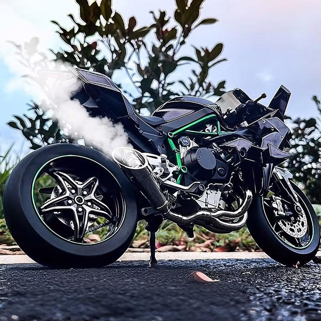 1/9 Kawasaki H2R Legierung Rennmotorrad Modell Diecasts Metallbahn Sportmotorrad Modell Ton und Licht mit Spray Kinderspielzeug Geschenke
