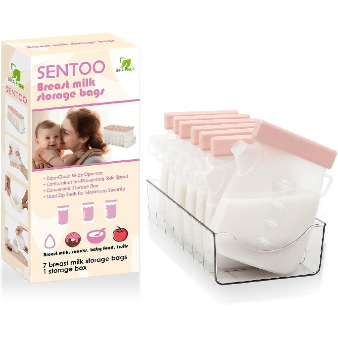 7 Pcs Breastmilk Storage Bags with a Fridge Organizer Bin, Reusable Breastfeeding Essentials, 11oz/320ml Double Leak-Proof Breastmilk Freezer Bags