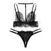 Women V-Neck Floral Lace  Bra Open Crotch Thong Black Lingerie Set S-2XL