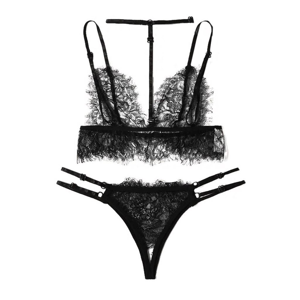 Women V-Neck Floral Lace  Bra Open Crotch Thong Black Lingerie Set S-2XL