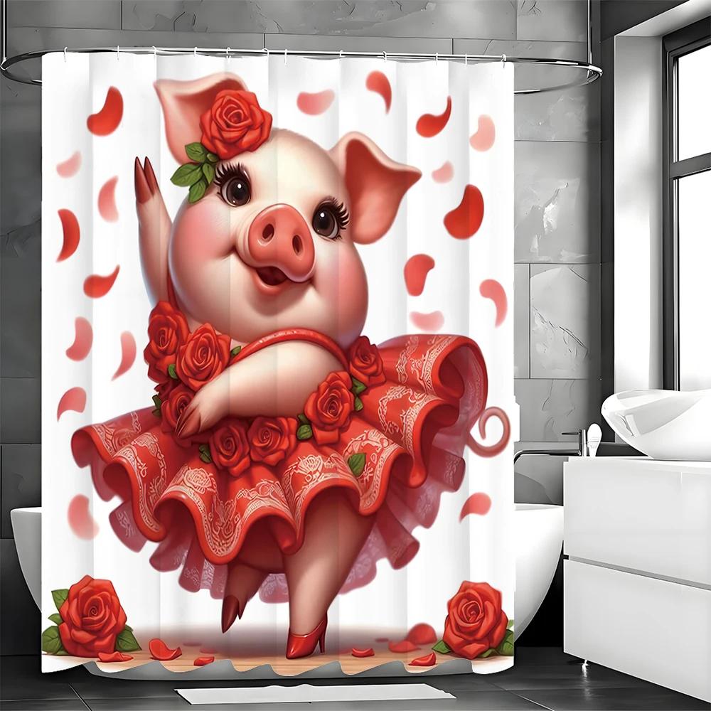 Dancing Piggy Rose Red Dress Petal Shower Curtain, Bathroom Decorative Shower Curtain, Waterproof Shower Curtain with Hooks