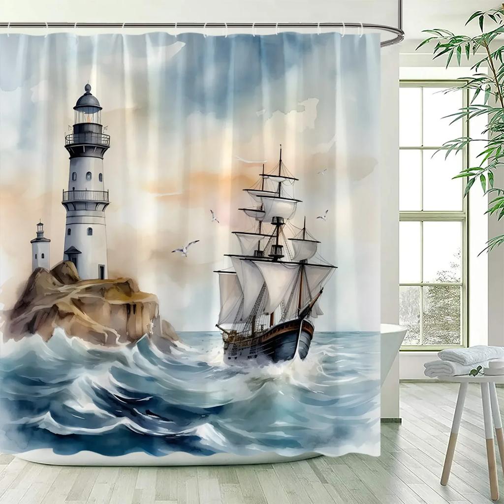 Sea Waves Nautical Shower Curtains Island Lighthouse Sailboat Ocean Landscape Bath Curtain Polyester Bathroom Decor with Hooks