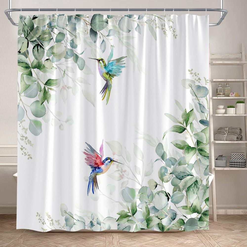 Grüne Pflanzenblätter Duschvorhänge Aquarell Eukalyptusblätter Kolibri Floral Badvorhang Heim Badezimmer Dekoration Mit Haken