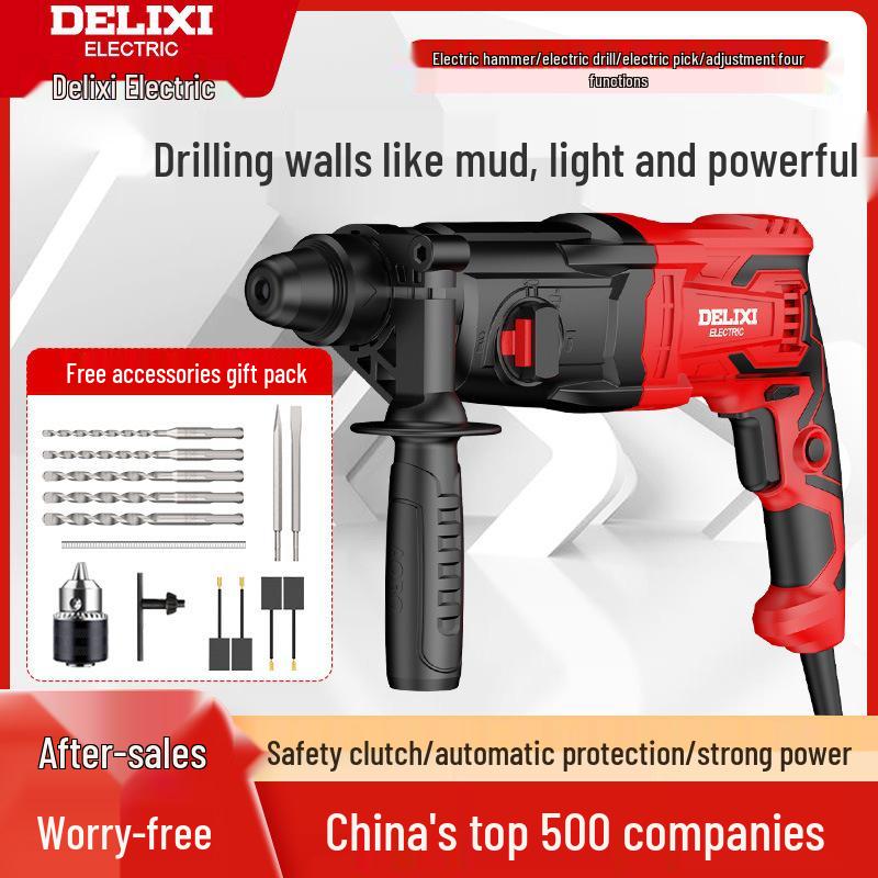 Delixi Multi-Function Electric Hammer: High-Power 3-in-1 Drill for Concrete, Household & Industrial Use
