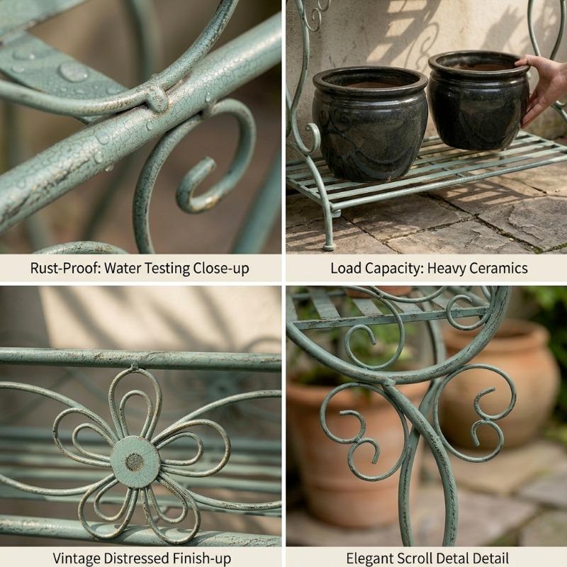 American Country Vintage Distressed Iron Rustic Two-Tier Plant Stand, Flower Pot Holder Shelf for Patio Balcony Garden Outdoor