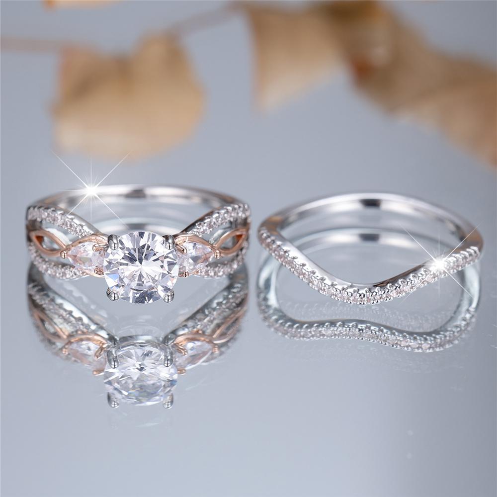 Female Silver Color White Zircon Stone Round Infinity Engagement Ring Set Vintage Bridal Wedding Bands Party Jewelry For Women