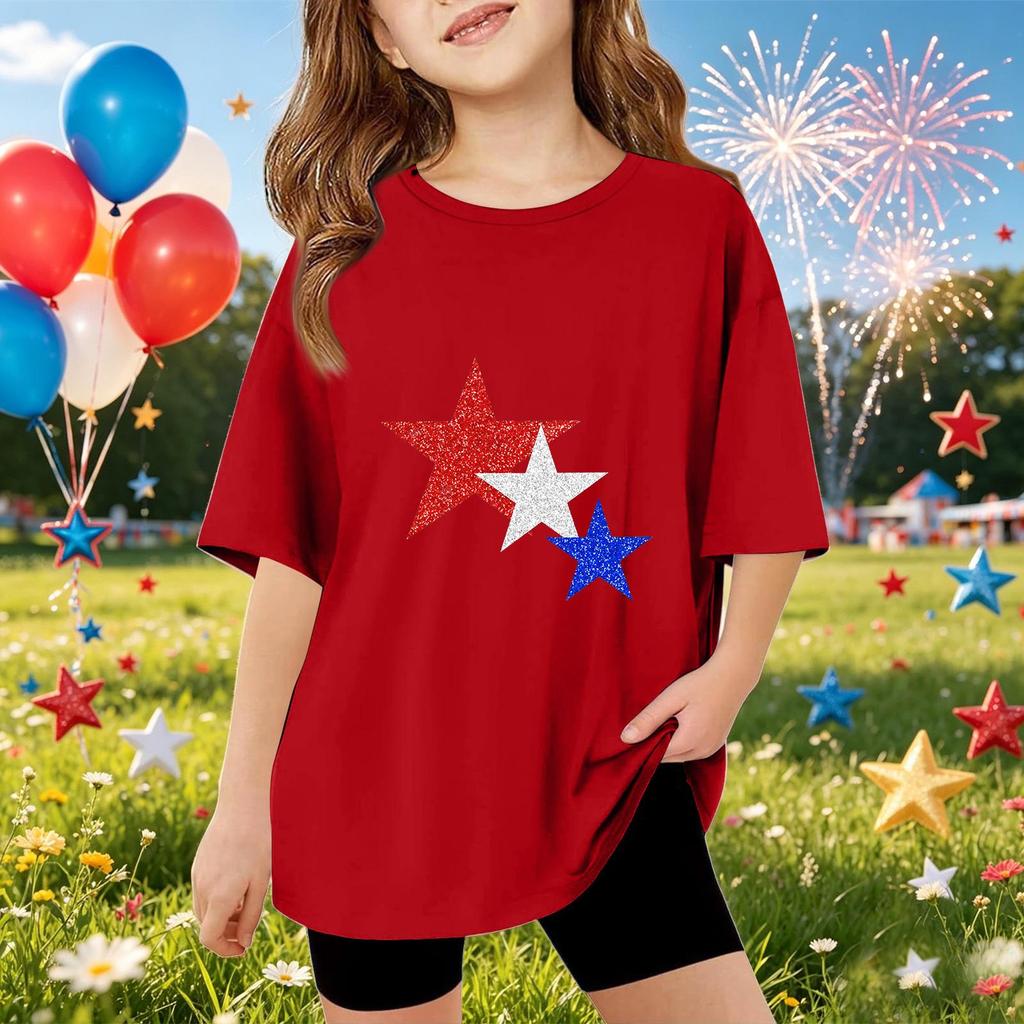 Kinder Kurzarm-T-Shirt mit Sternenprint Unabhängigkeitstag Oberteil Lässiges Rundhals-T-Shirt für Jungen und Mädchen Sommerkleidung