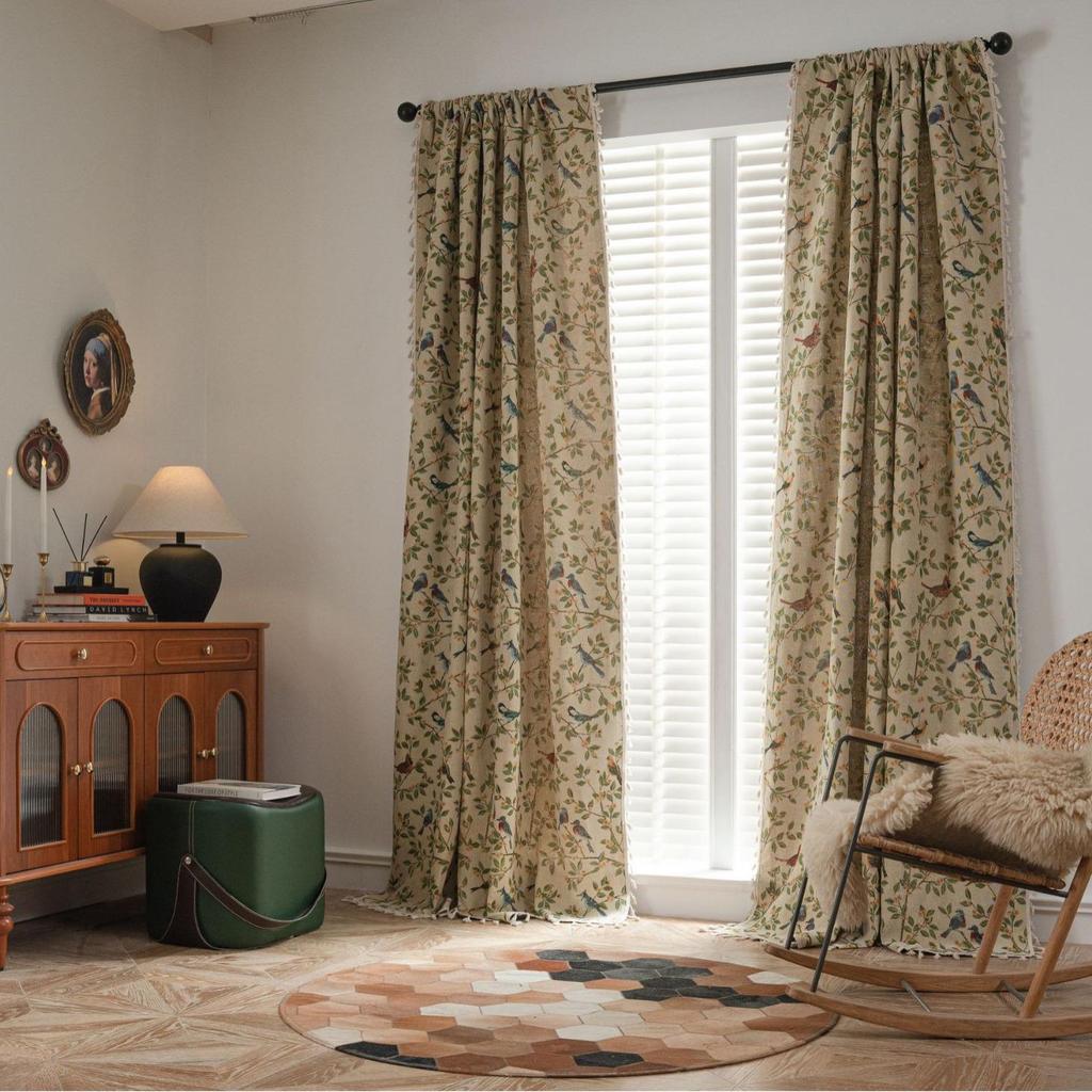 Imanqi Yun Jacquard Floral & Bird Pattern Semi-Blackout Curtains for Bay Windows & Kitchens