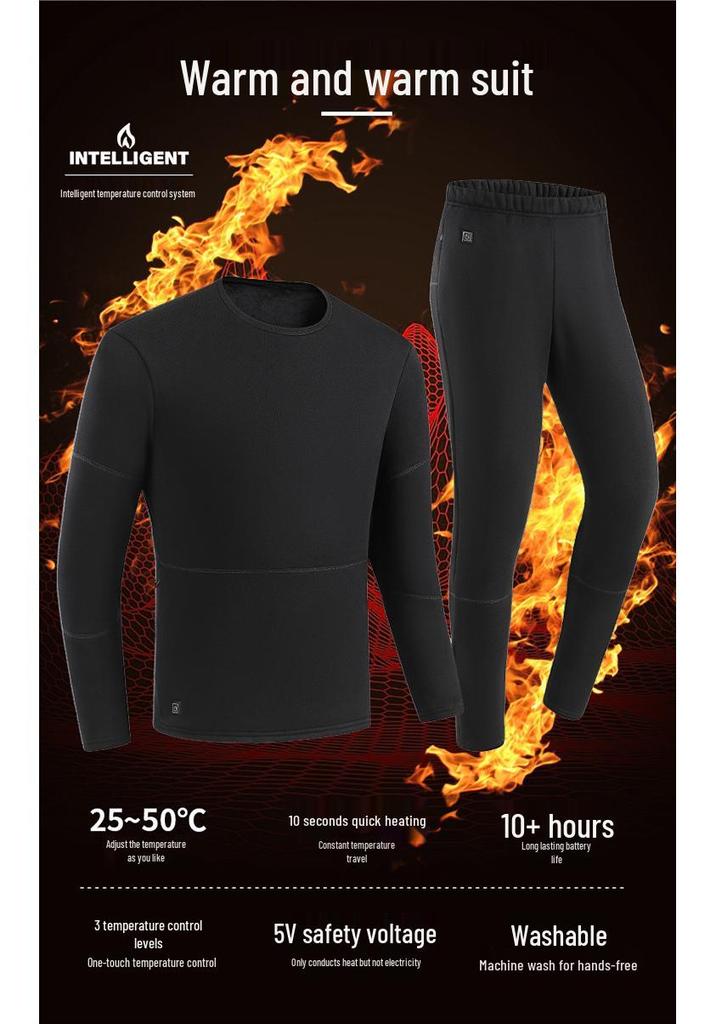 Unisex USB-Charged Heated Thermal Underwear Set with Constant Temperature Control and Plush Lining