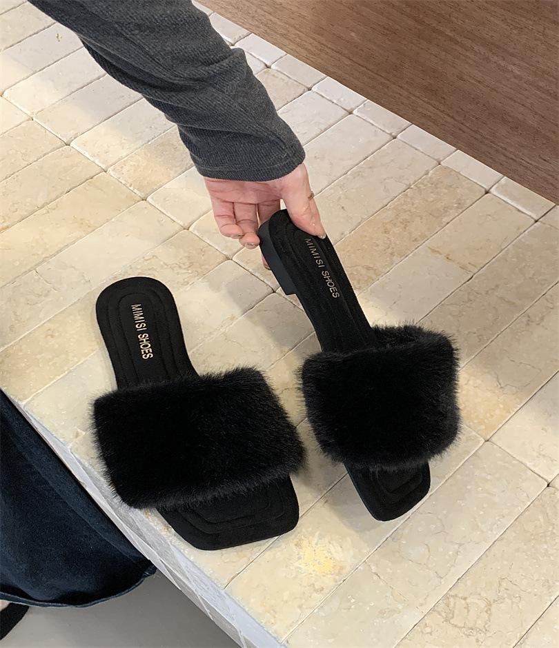 2025 autumn and winter new European and American slope heel French square head open-toed fluffy slippers women's shoes outside wear