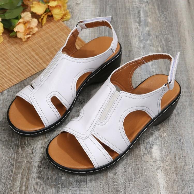 Large Size 2025 Summer European and American Sandals Women's Velcro Stitching Side Empty Open Toe Solid Color Leather Stitching Spot