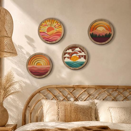 Retro Sunset Landscape Wall Art 4Pcs Boho Art, Abstract Round Hanging Ornaments, Modern Home Decor for Cafe Wooden Living Room Bedroom Hallway Office