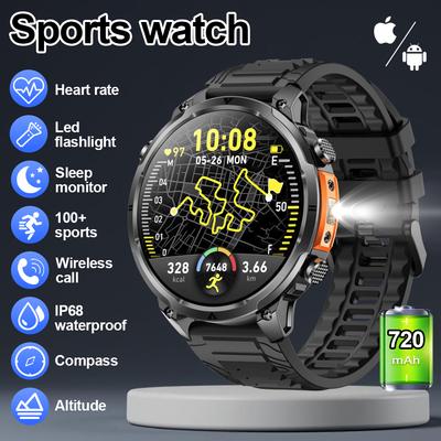 Men Smart Watch Outdoor Sports GPS Positioning Flashlight Altitude Air BP Compass BT Calling Voice Assistant Health Monitoring Smartwatch