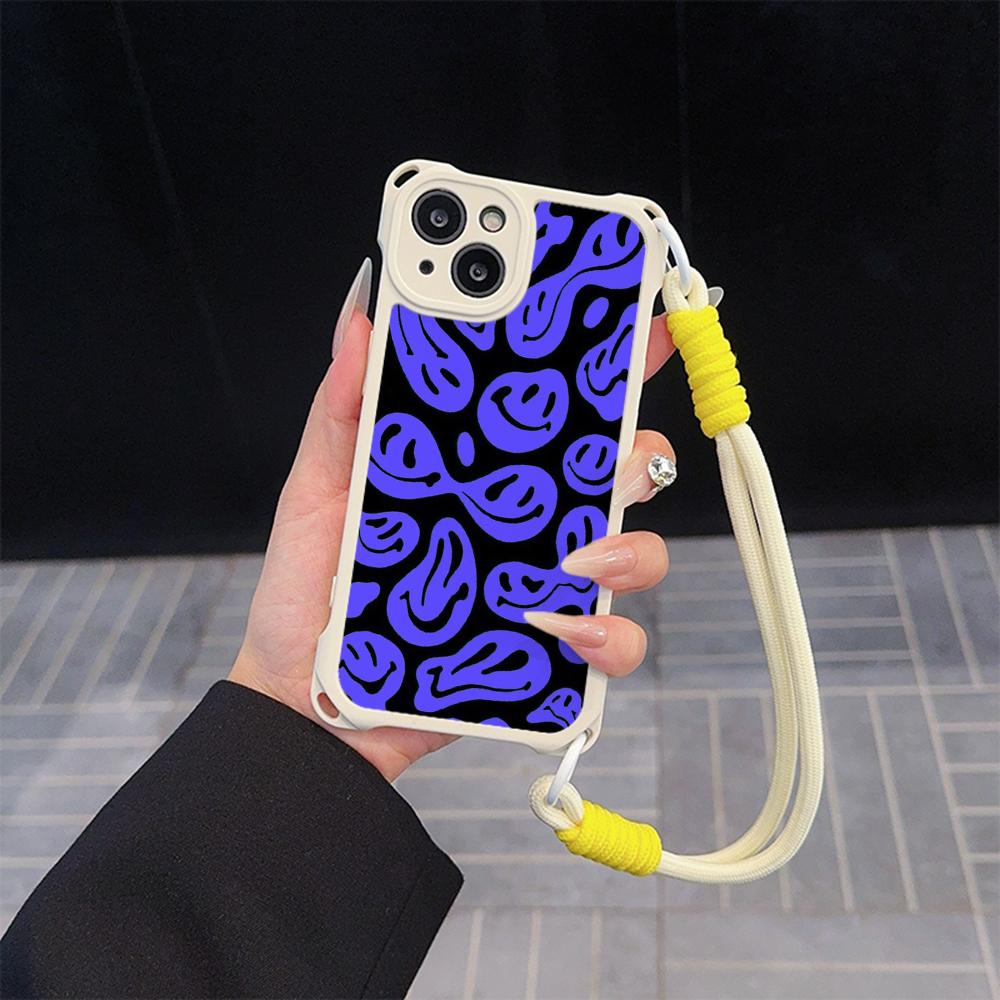 Ae88 Lovely Smiley Art Soft Phone Cases for iPhone 16 15 14 13 12 11 Pro Max XR with Wrist Strap Lanyard Corner Protection Back Cover